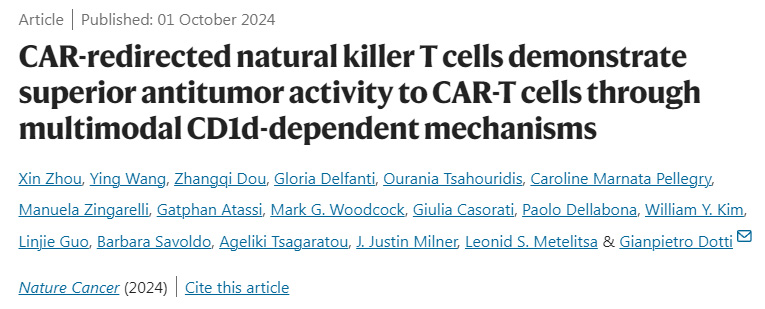 CAR重定向的自然殺傷T細胞通過多模式CD1d依賴機制顯示出優于CAR-T細胞的抗腫瘤活性
CAR重定向的自然殺傷T細胞通過多模式CD1d依賴機制顯示出優于CAR-T細胞的抗腫瘤活性